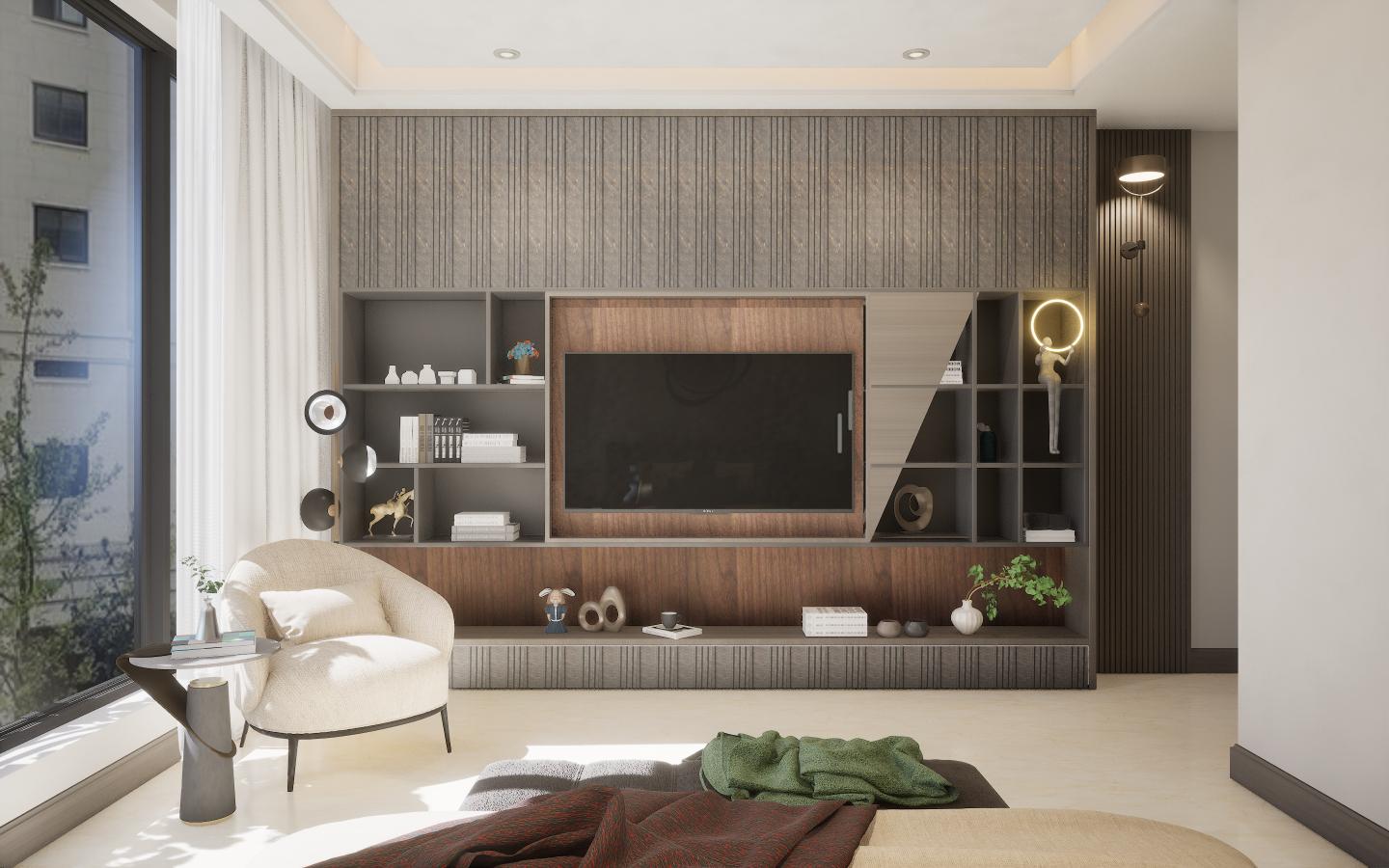 Brown wood laminate wall with suede finish and wood grain texture used in modern living room interior design
