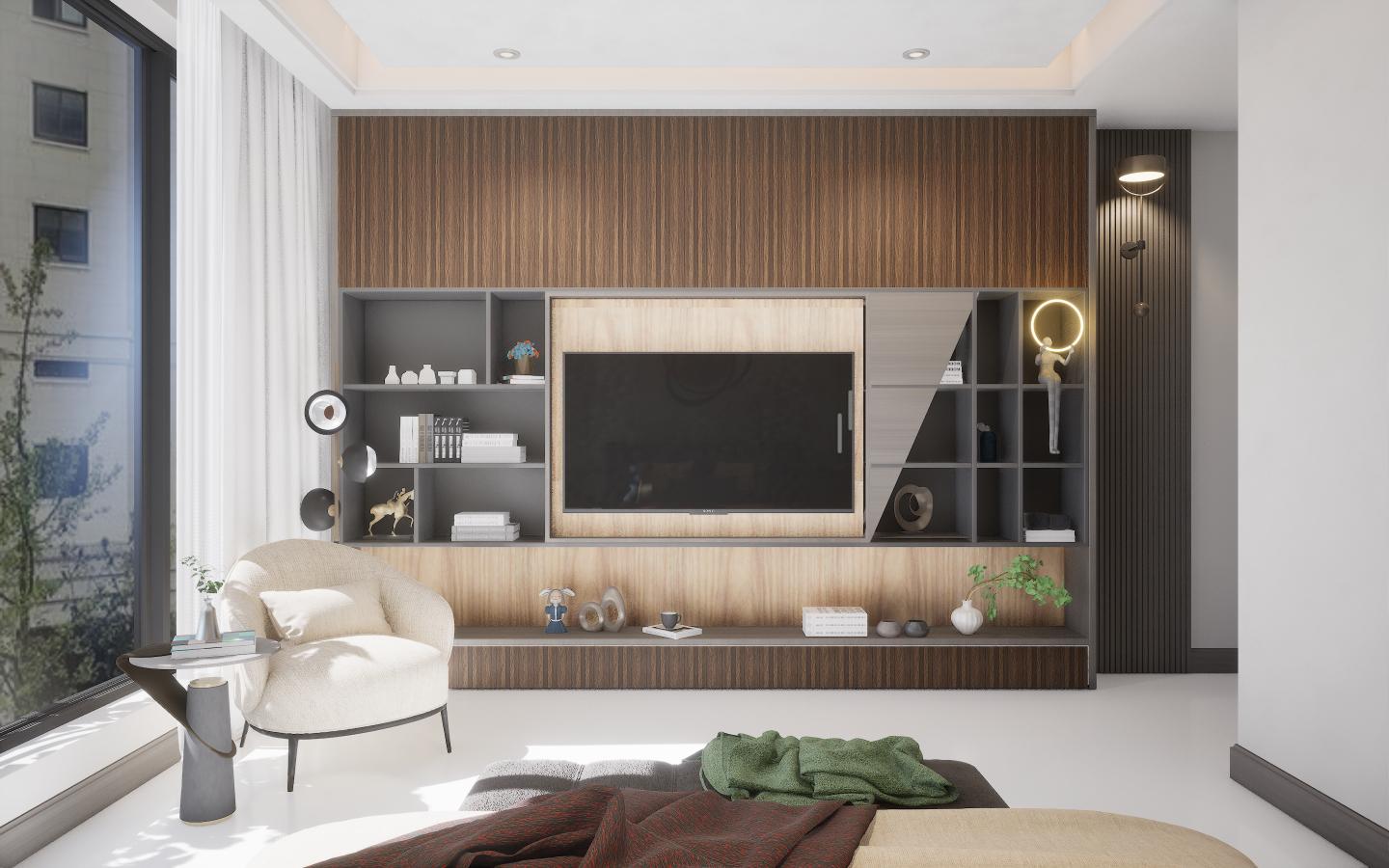 Brown wood laminate wall with vertical grain texture and light wood TV unit in modern living room setting