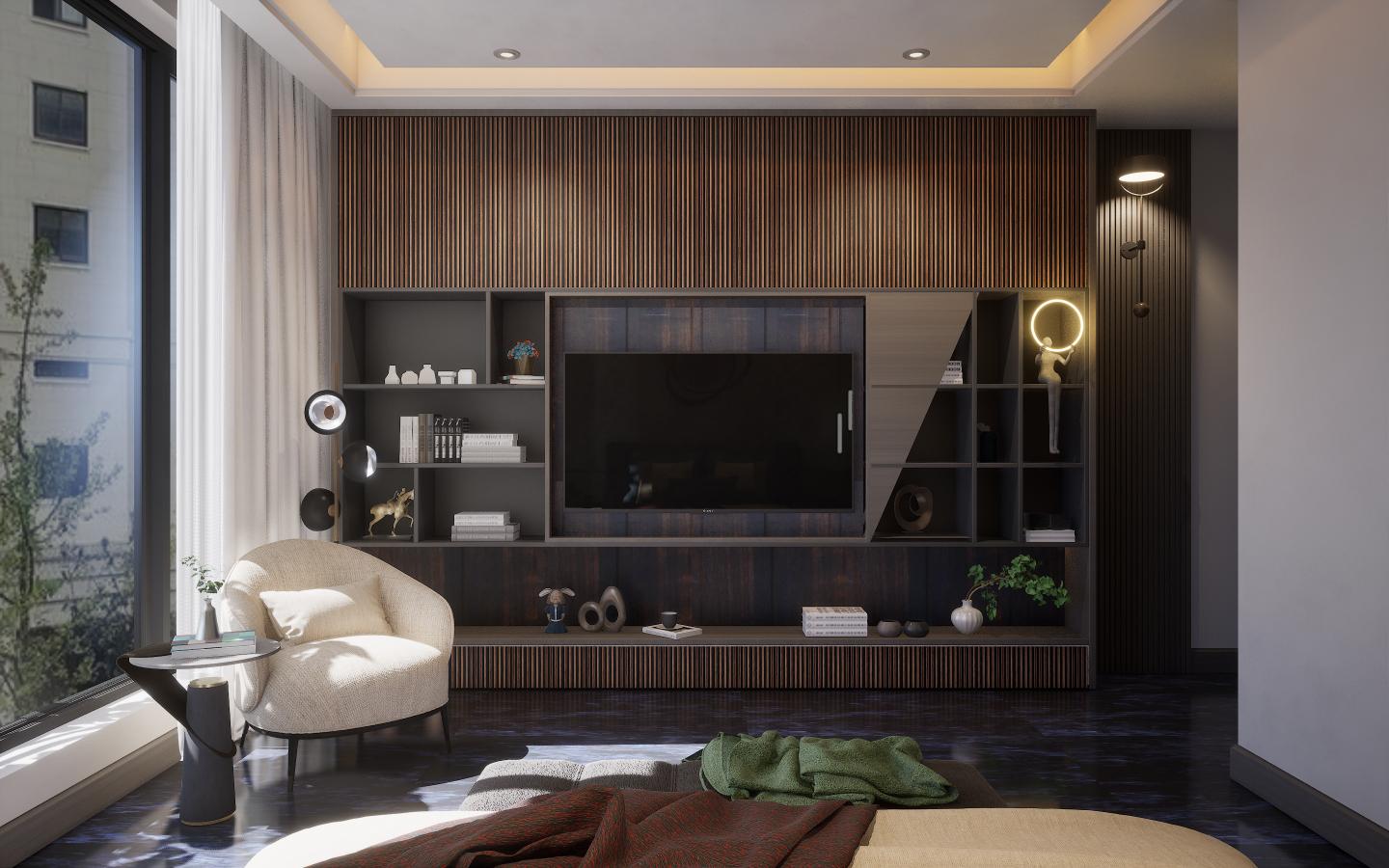 Wenge wood laminate wall with textured finish and vertical slats in a modern bedroom setting with shelving unit
