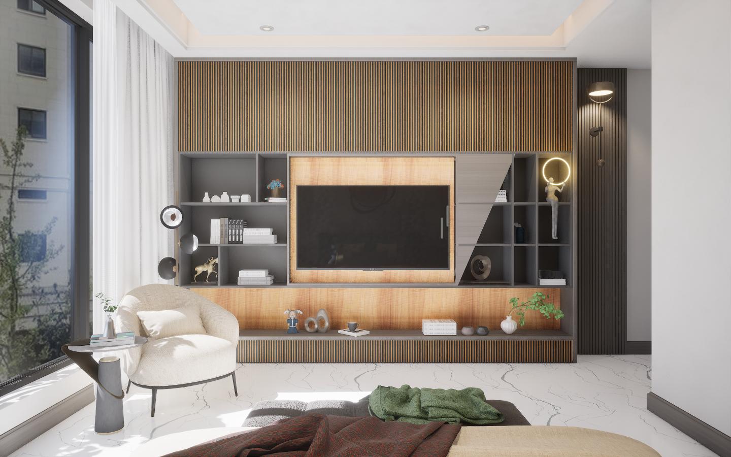 Brown wood laminate wall panel with texture and wood grain, used in modern living room interior design.