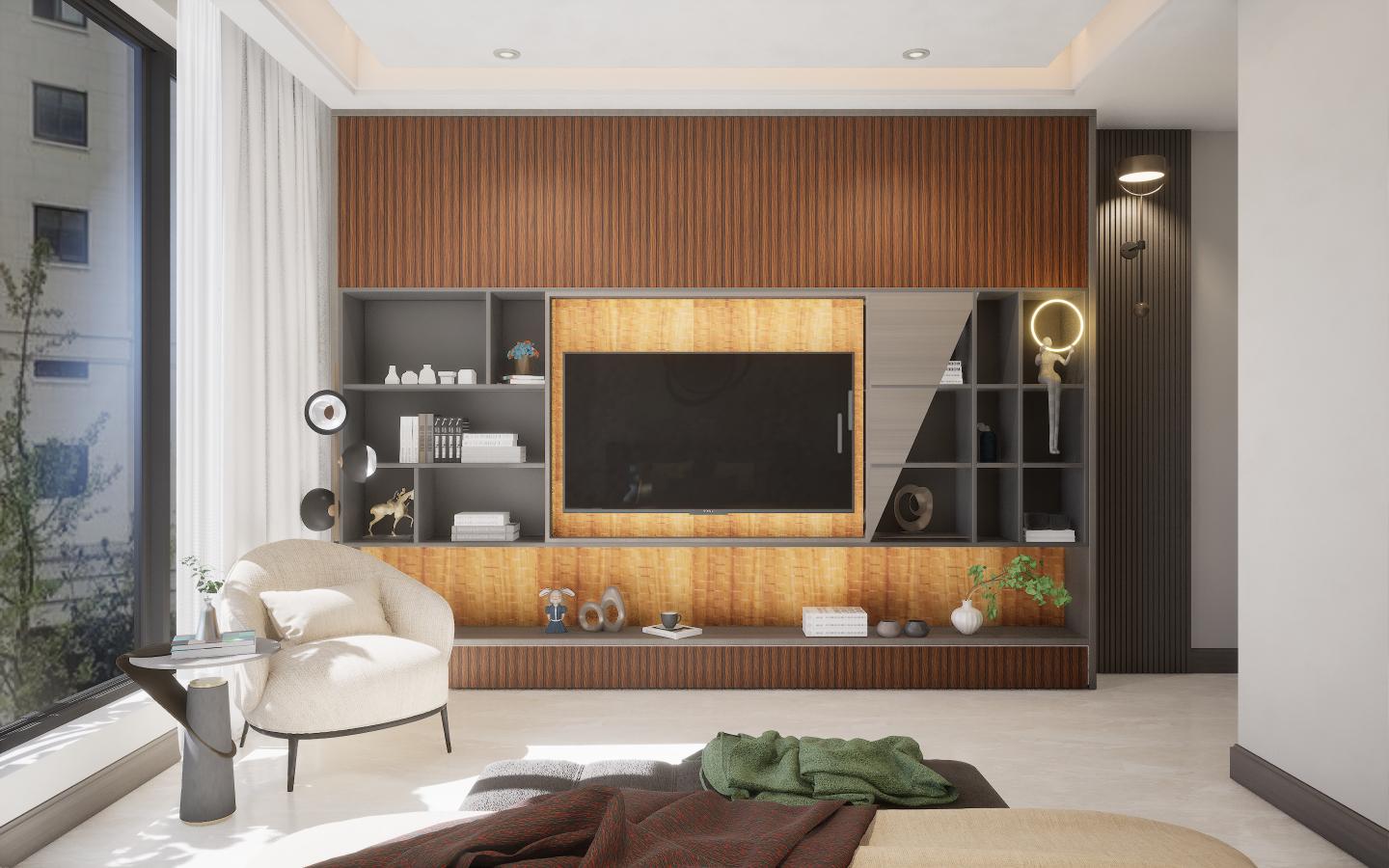 Brown wood laminate wall with textured finish in modern living room with TV unit and decorative shelves.