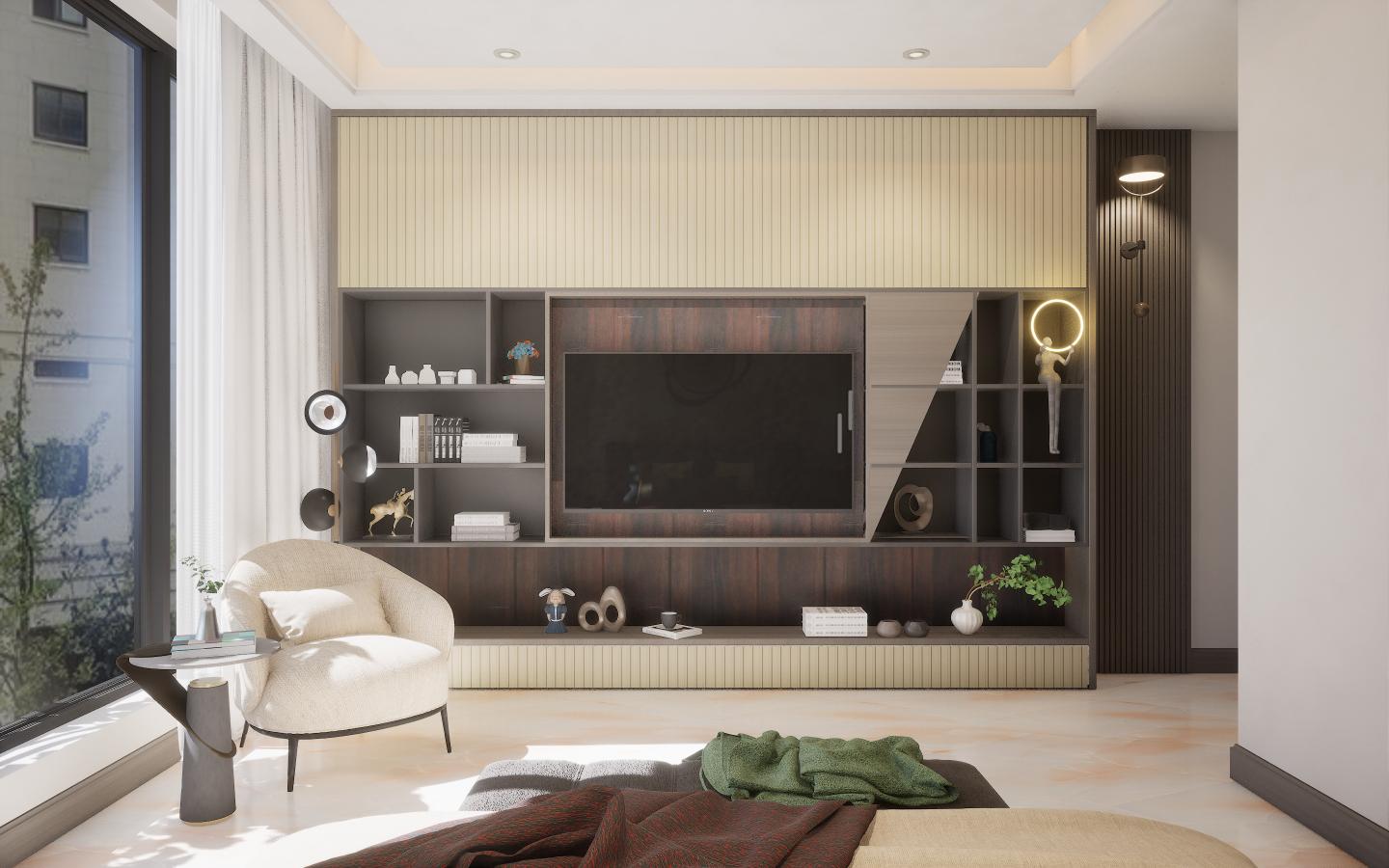Wenge wood laminate with textured finish and wood grain pattern on entertainment unit in modern living room setting