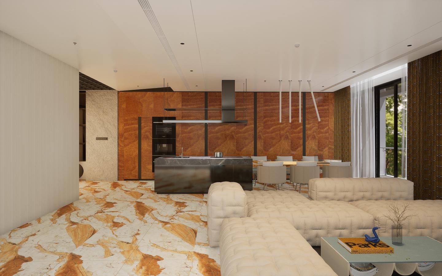 Brown wood laminate wall with textured finish in modern kitchen interior design