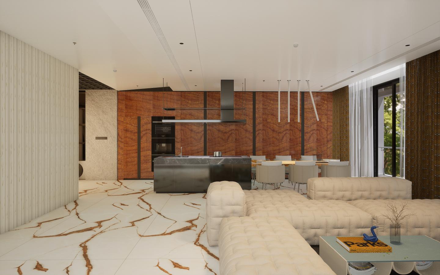 Brown wood laminate wall paneling with textured finish in modern living room interior design setting with sleek furniture