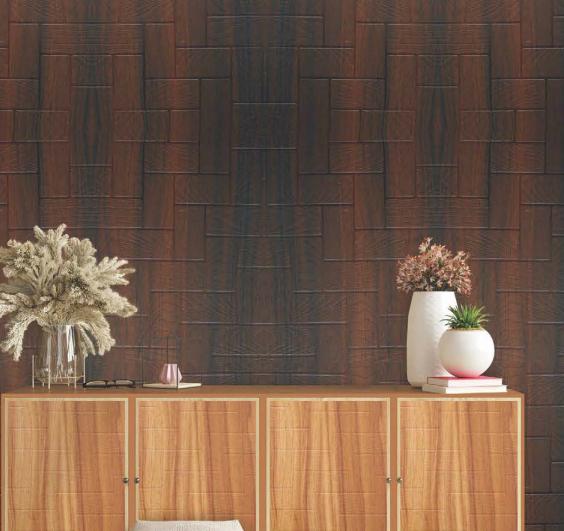 Brown wood laminate wall with textured finish and wooden cabinet below with decorative vases and plants on top