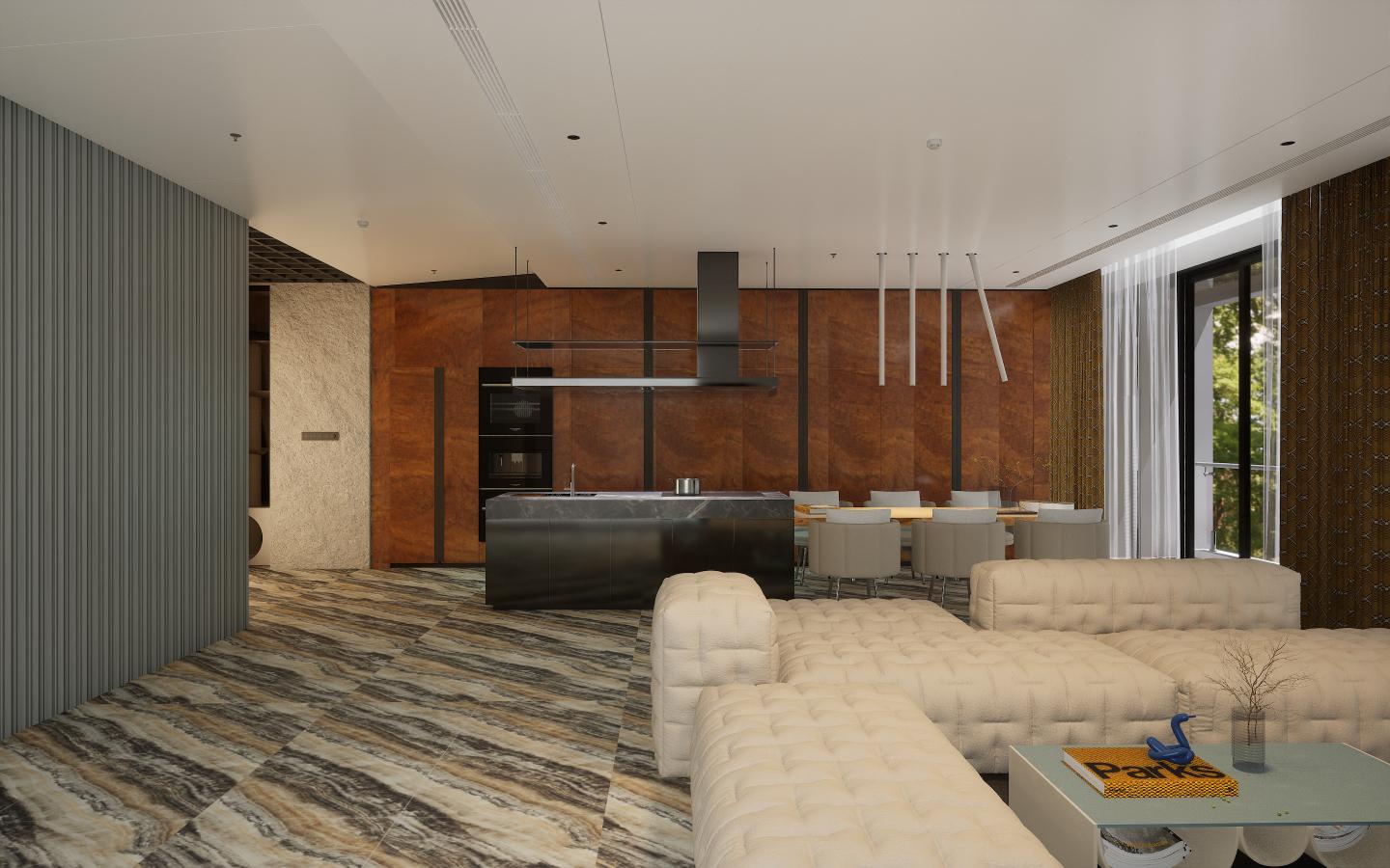 Brown wood laminate interior with suede finish and wood grain texture used on walls and floor in modern living space