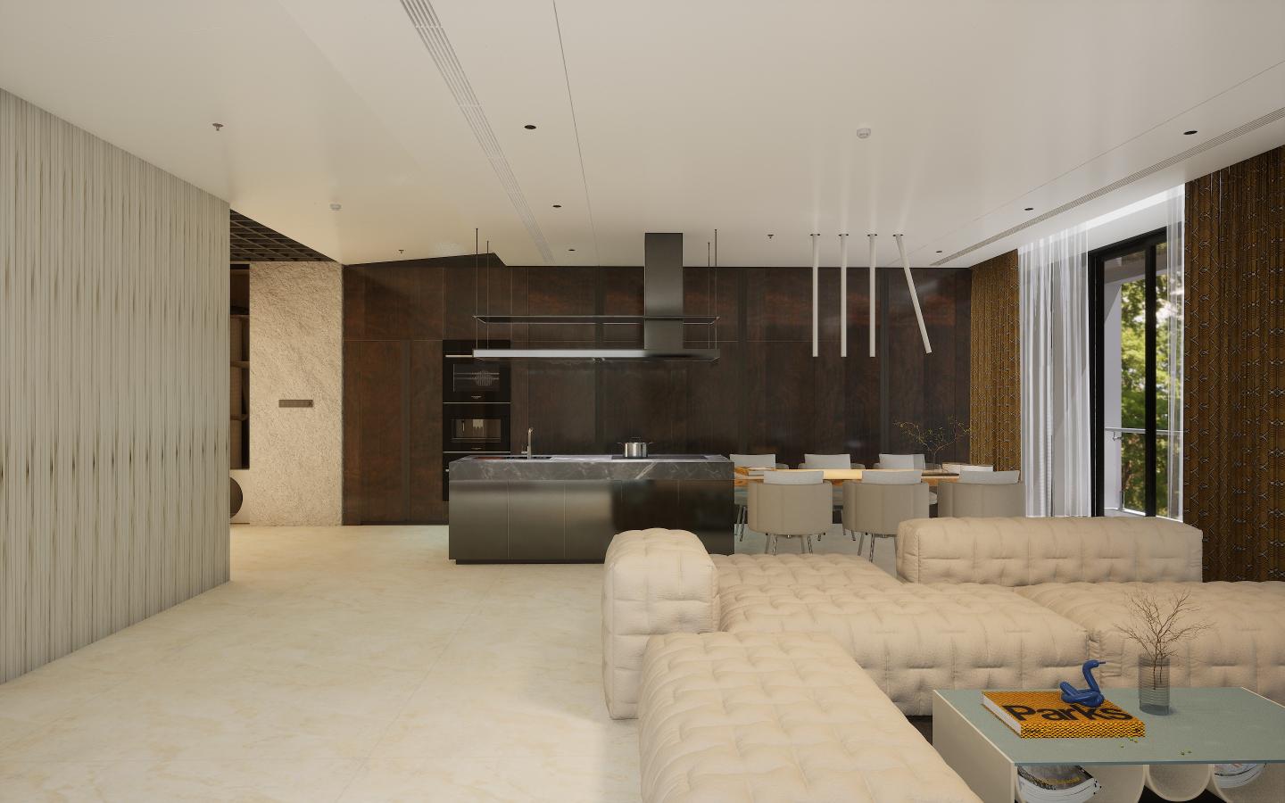 Dark wood laminate wall with textured finish in modern kitchen interior with minimalist decor and sleek furniture.