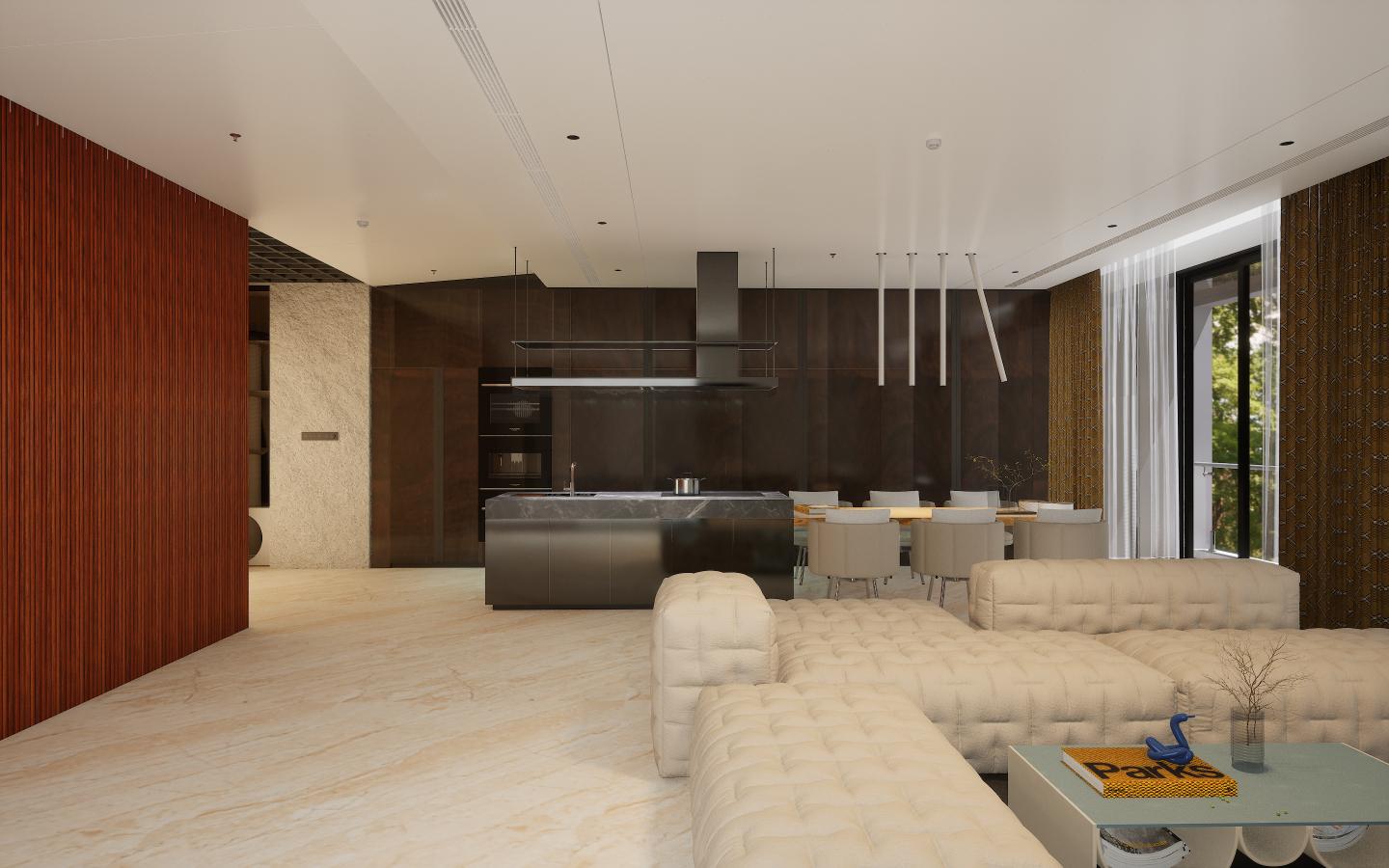 Dark wood laminate wall and kitchen cabinets with suede finish in modern living space with minimalist decor and natural