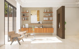 Brown wood laminate with suede finish and wood grain texture used on wall and furniture in modern interior design