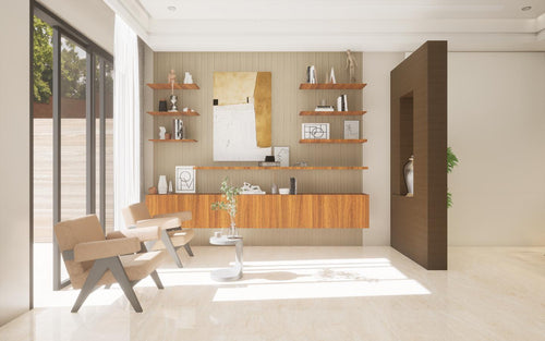 Wood Laminate Shelves and Beige Wall Panels in Living Room
