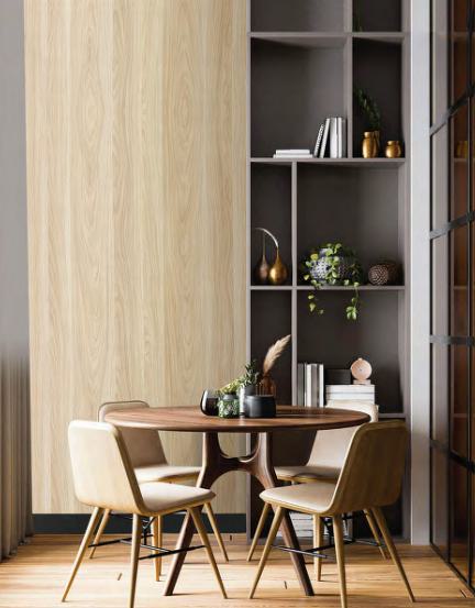 Brown wood grain laminate with textured finish on wall, used in modern dining room with furniture and decorative shelving