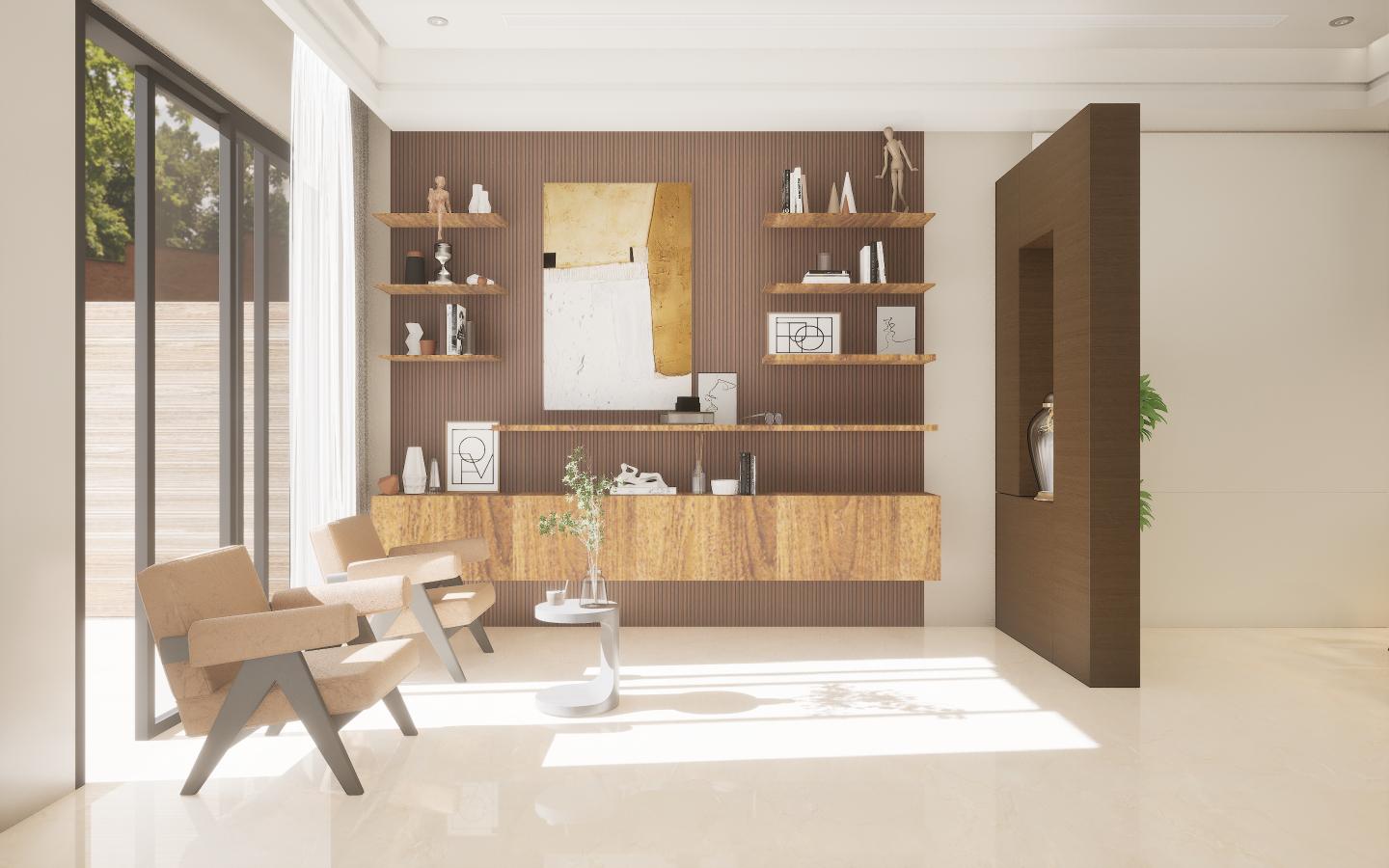 Brown wood laminate with textured finish and wood grain pattern on wall and shelves in modern interior setting