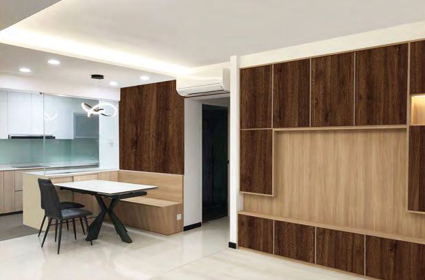 Brown wood laminate texture with visible grain on wall panels and built-in furniture in modern kitchen and dining area