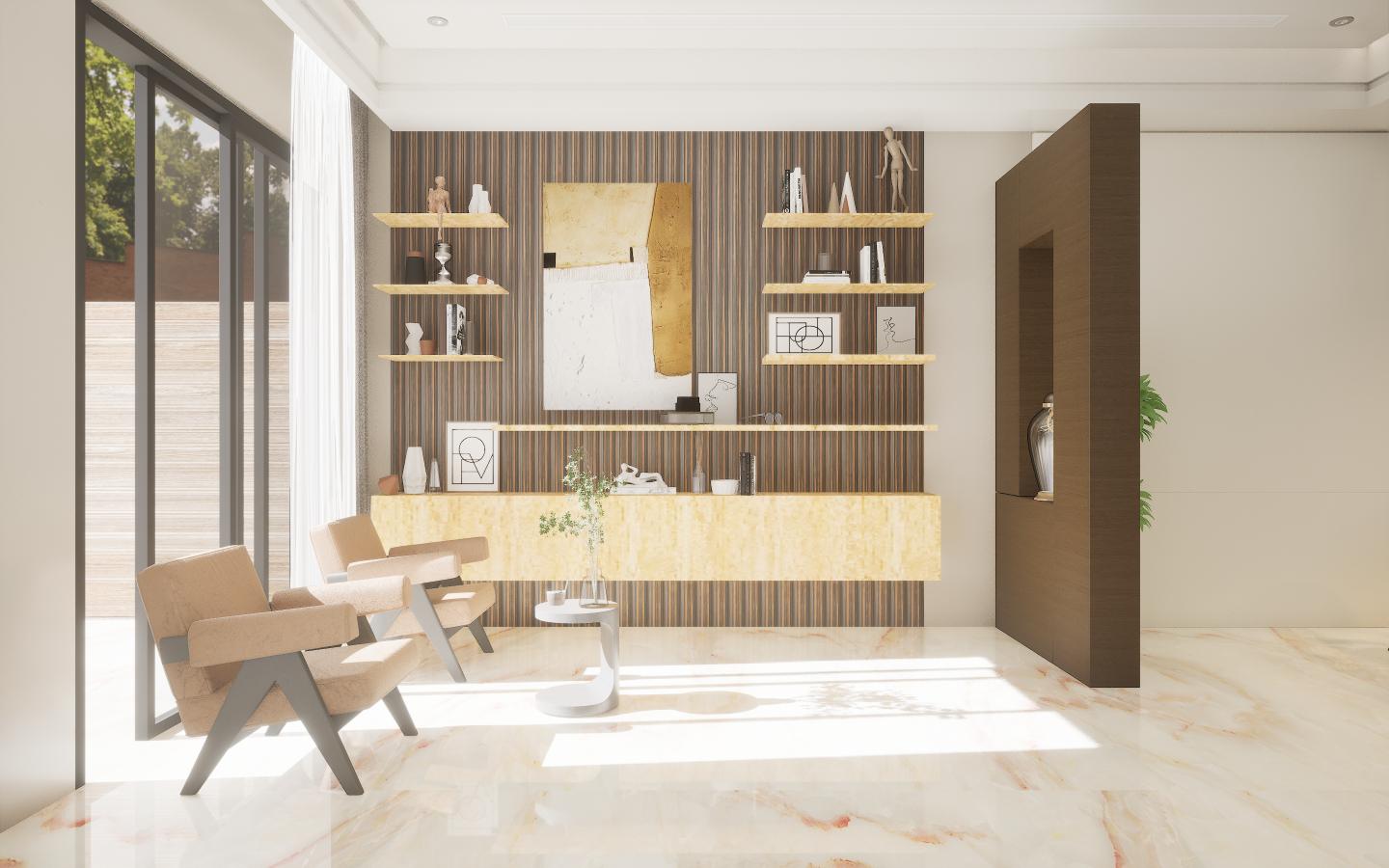Brown wood laminate with striped pattern and texture on wall and shelf in modern interior design room setting