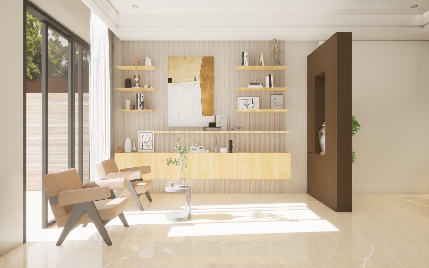 Brown wood laminate texture with visible grain used on wall and pillar in modern interior design room setting