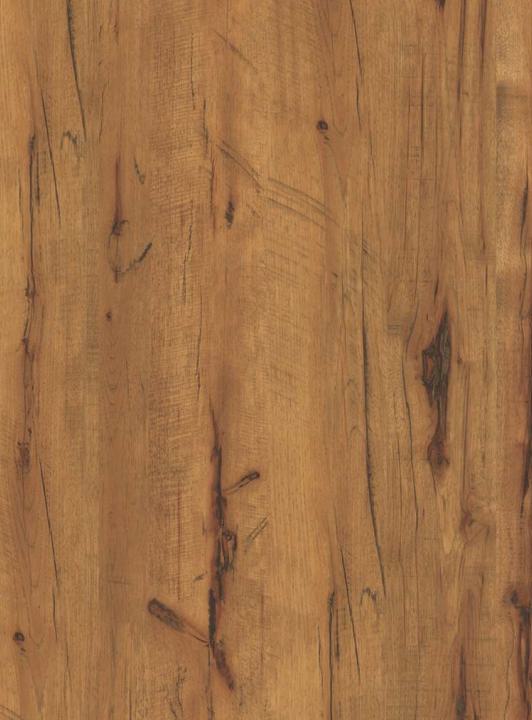 Brown wood grain laminate with textured finish and dark veins, showing natural wood pattern and knots.