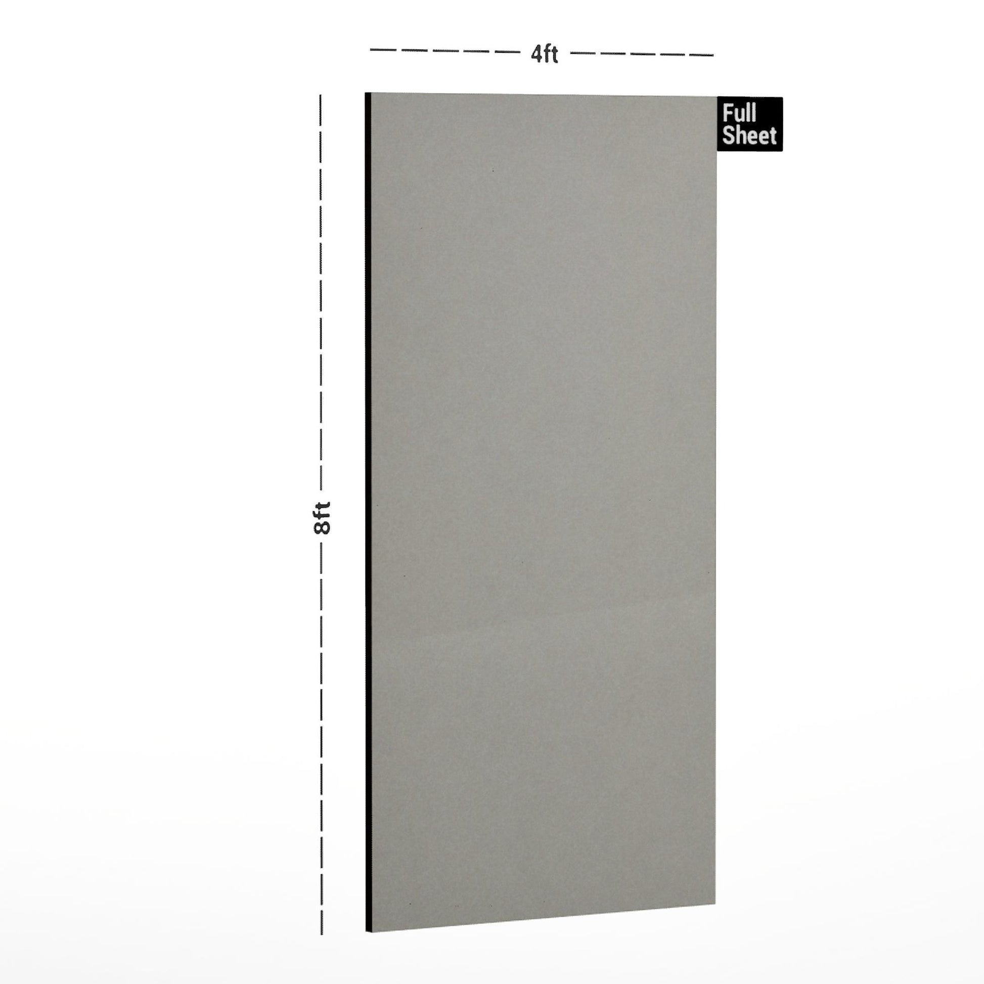 Grey suede finish laminate sheet with dimensions 8x4 ft displayed with size labels and Full Sheet label.