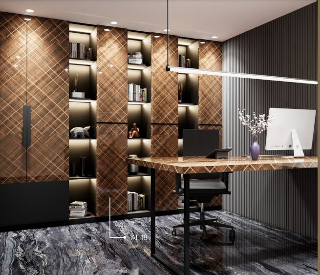 Brown wood laminate texture on wall and desk in modern office with diamond pattern and visible wood grain