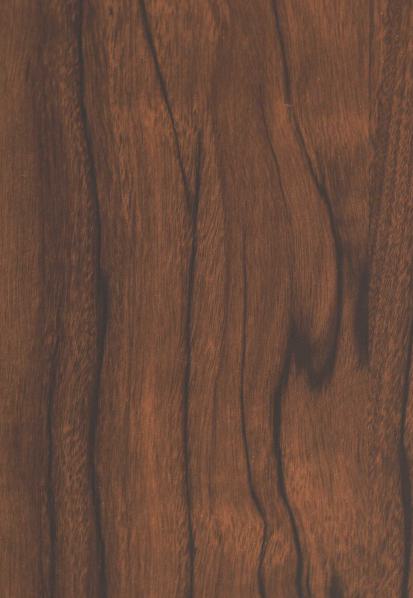 Brown wood grain laminate with textured finish and prominent wood pattern and dark brown veins.