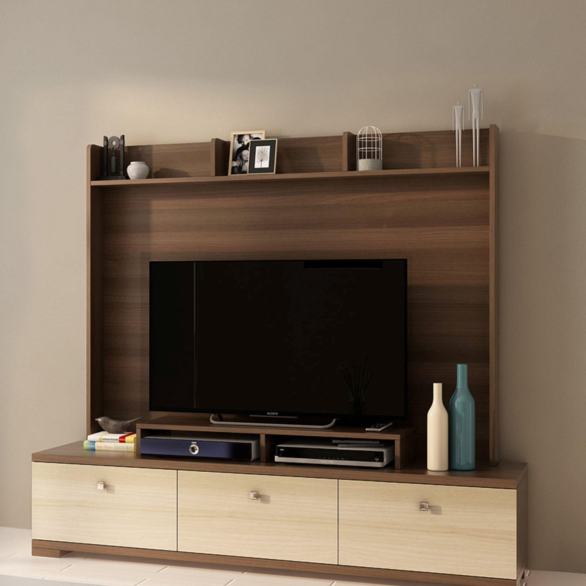 Brown wood laminate texture with visible grain used in modern TV unit shelves and drawers