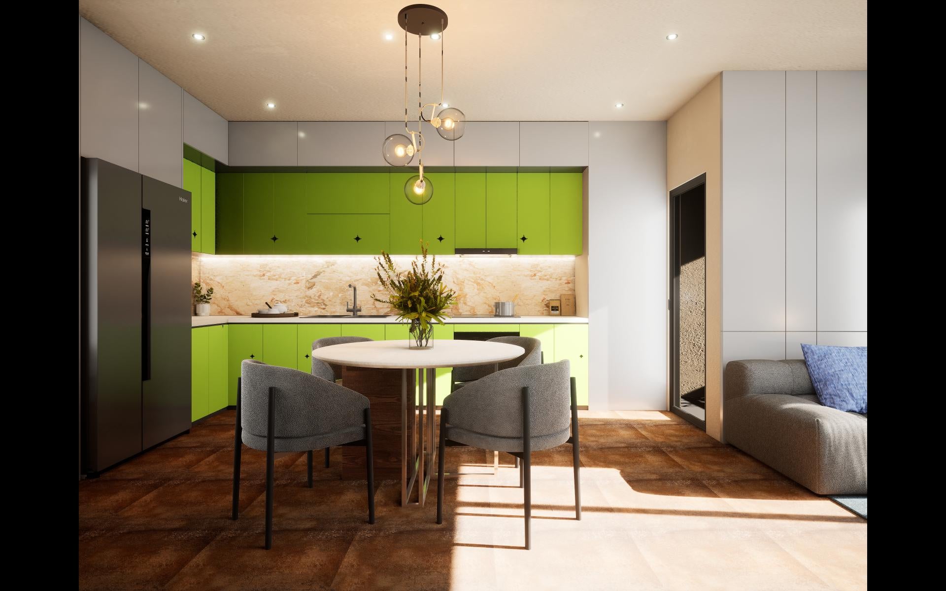 Glossy green laminate kitchen cabinets with plain finish and reflective sheen in a modern interior design setting