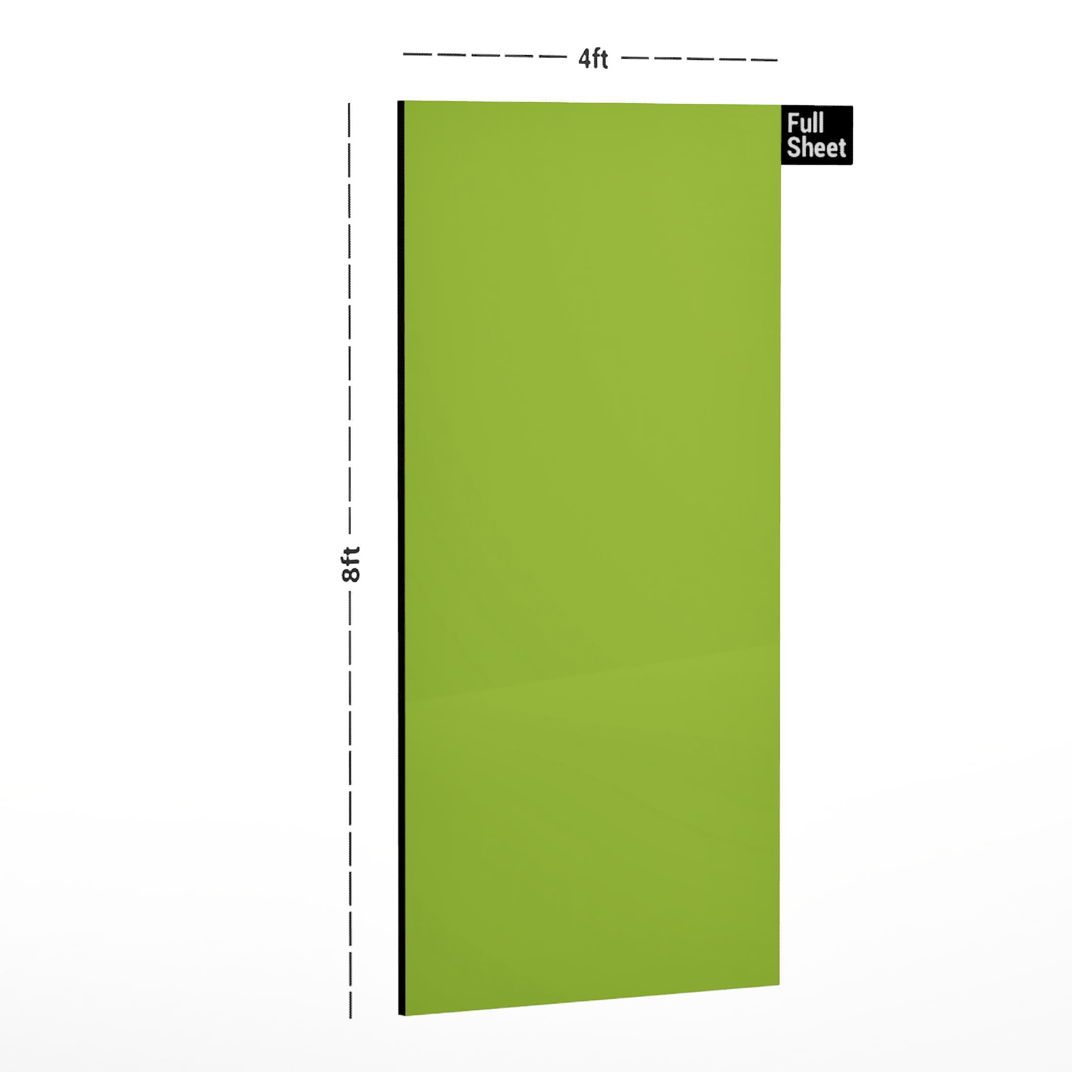 Green plain laminate sheet 8x4 ft with glossy finish and dimensions labeled on white background