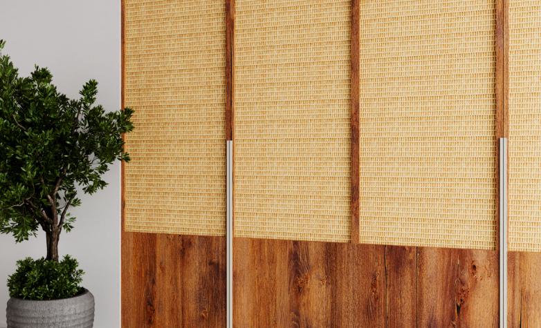 Brown wood laminate with textured finish and visible wood grain, used as wall covering with bamboo shades above it.