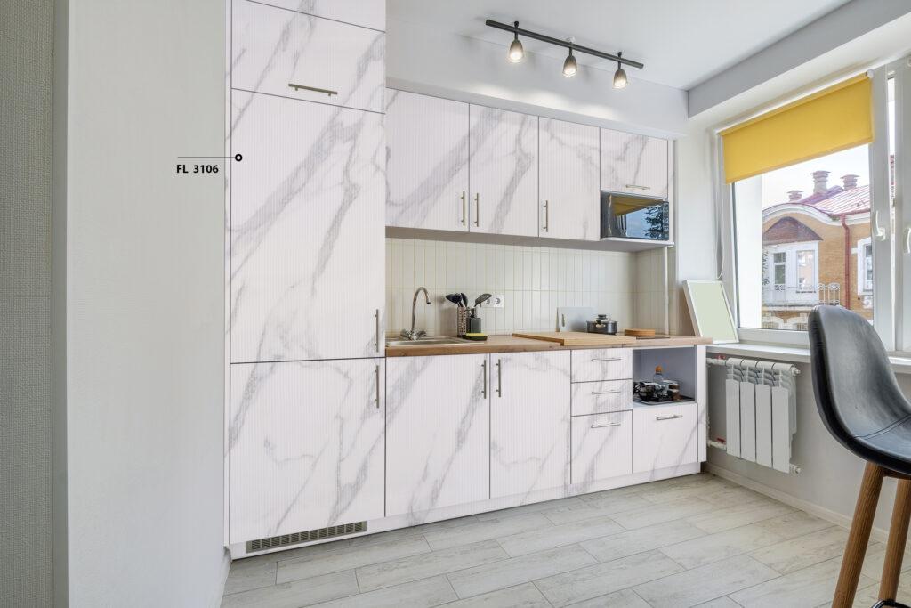 Advance Laminates Maseio White Flute Stone 8x4 ft High Gloss marble & stone laminates White FL_3106