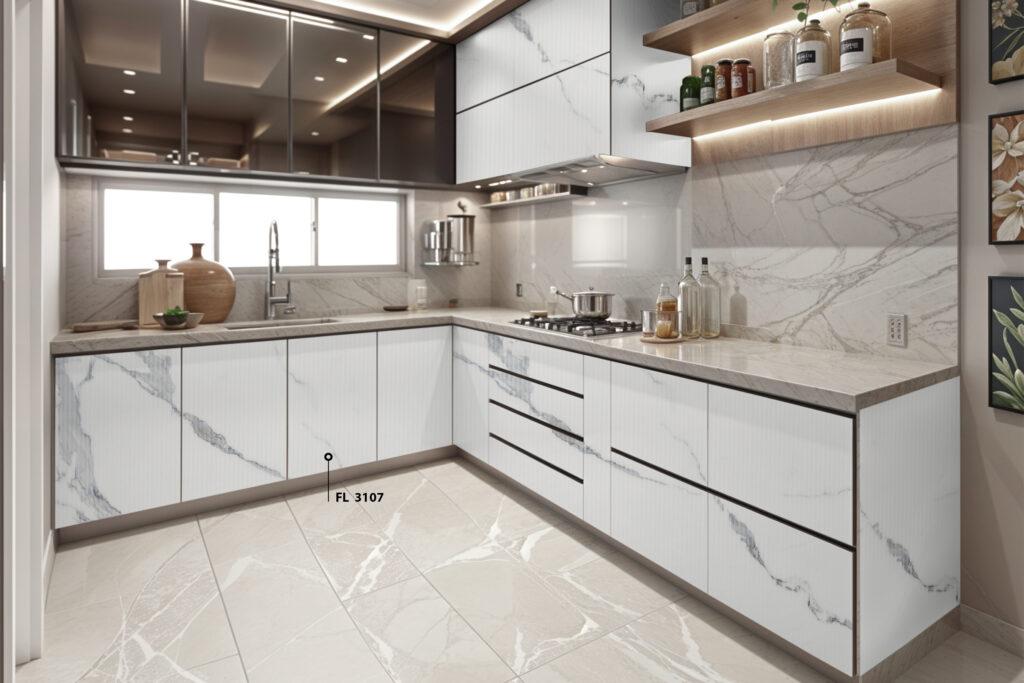Advance Laminates Calcite White Flute Stone 8x4 ft High Gloss marble & stone laminates White FL_3107