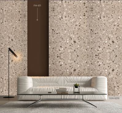 Brown plain laminate texture wall with terrazzo pattern, featuring a modern living room setup with white sofa and decor