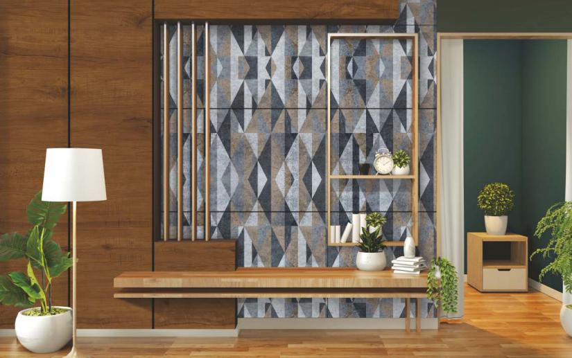 Brown wood laminate with textured wood grain finish used on wall and floor in modern interior design setting