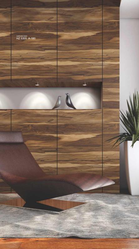 Brown wood grain laminate wall with textured finish and wood pattern, used in modern interior design with decorative vases