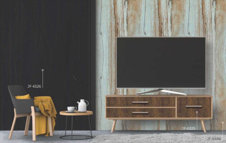Brown wood laminate texture with visible grain on TV stand and wall panel in modern living room setting JF-6486