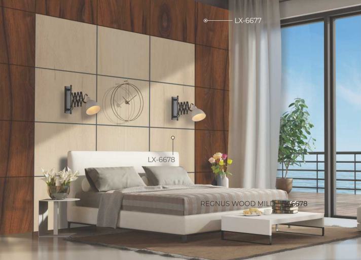 Brown wood grain laminate wall panel with textured finish in modern bedroom setting with white furniture and decor accents