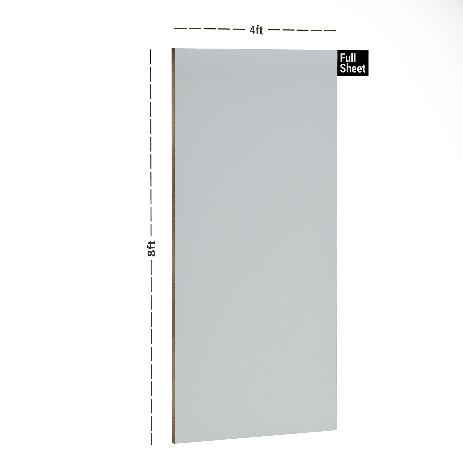 White plain laminate sheet with textured finish, 8x4 ft size, shown with dimensions and full sheet label.