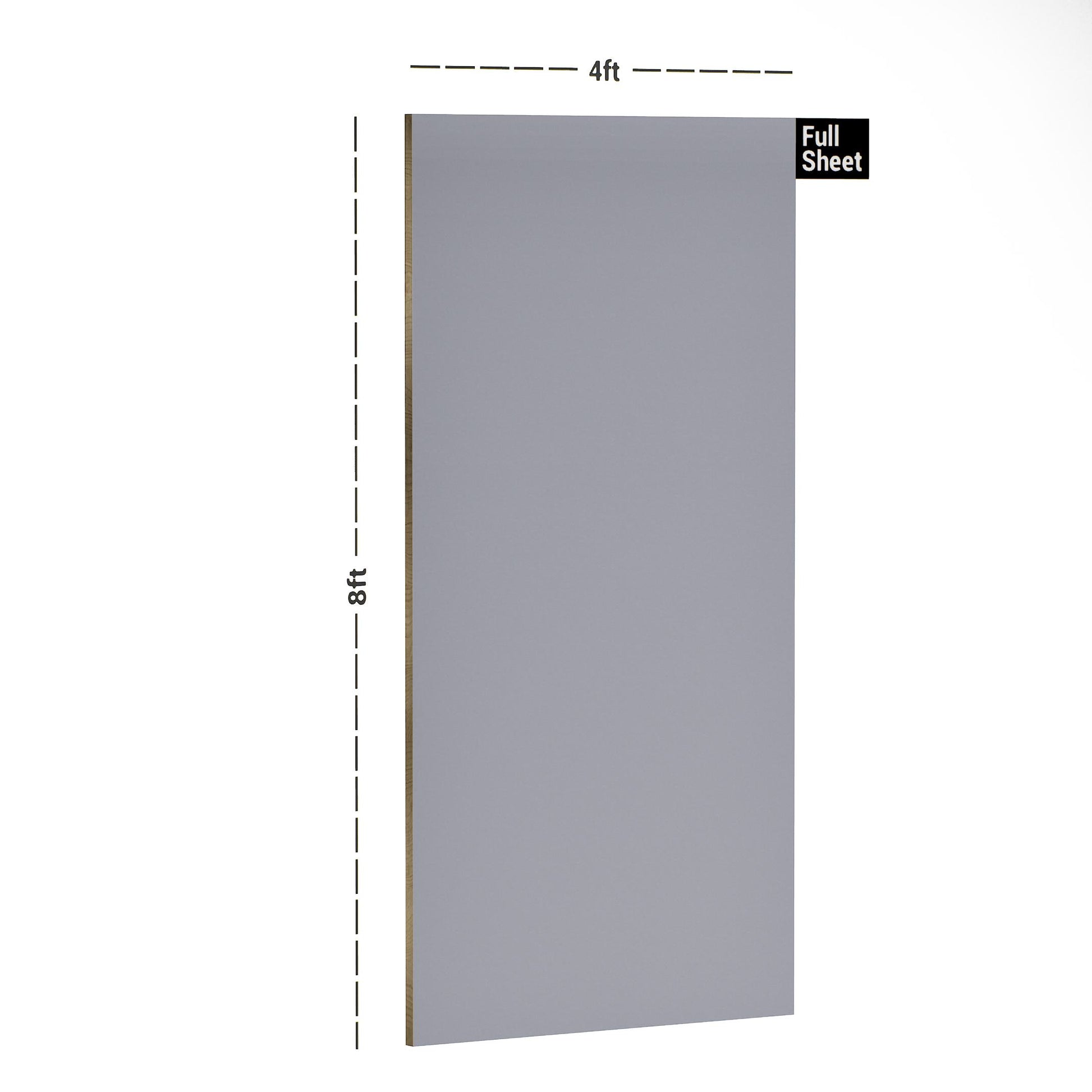 Violet plain laminate sheet with suede finish and dimensions 8x4 ft displayed on white background with measurement labels