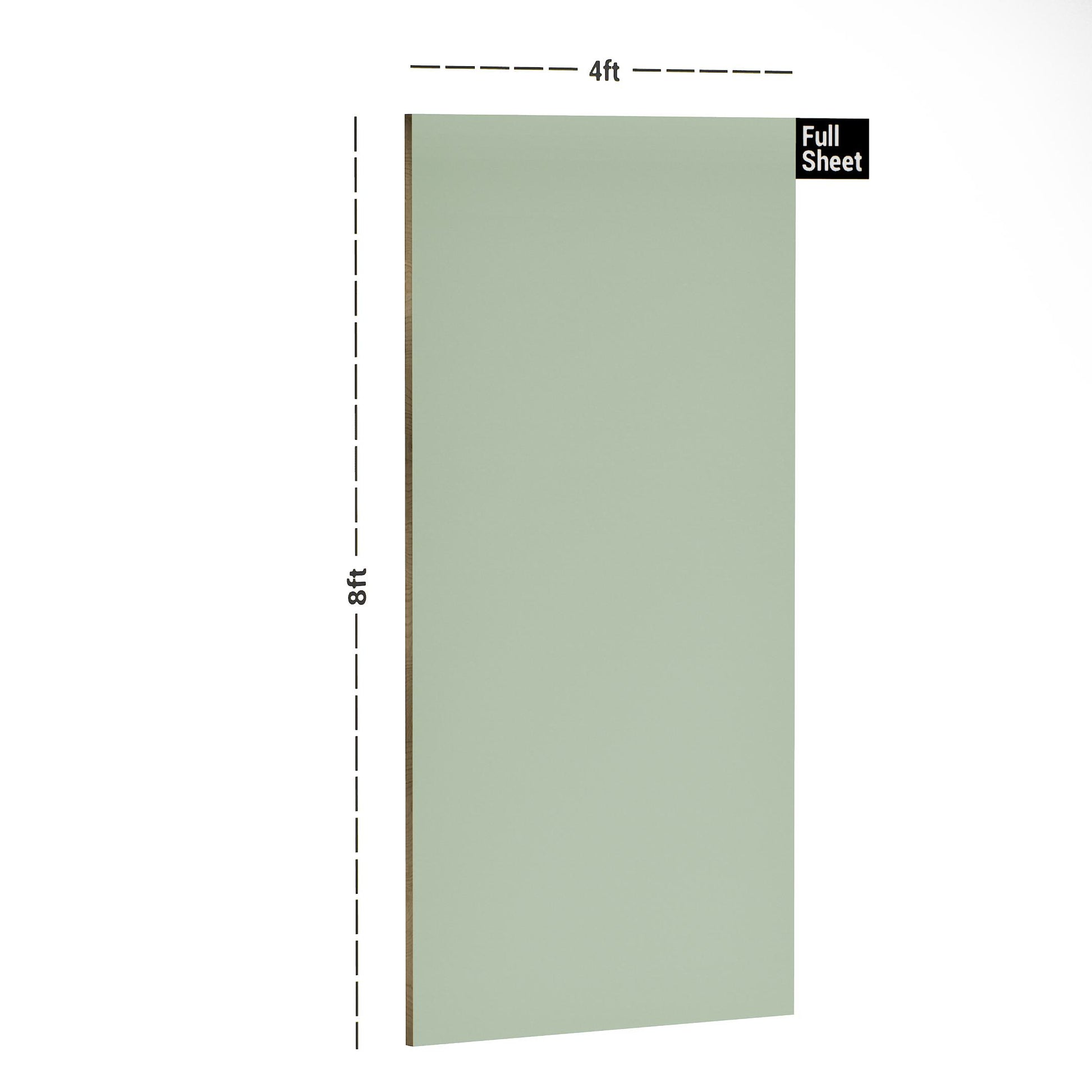 Green plain laminate sheet with suede finish, 8x4 ft size, shown with dimensions and full sheet label.