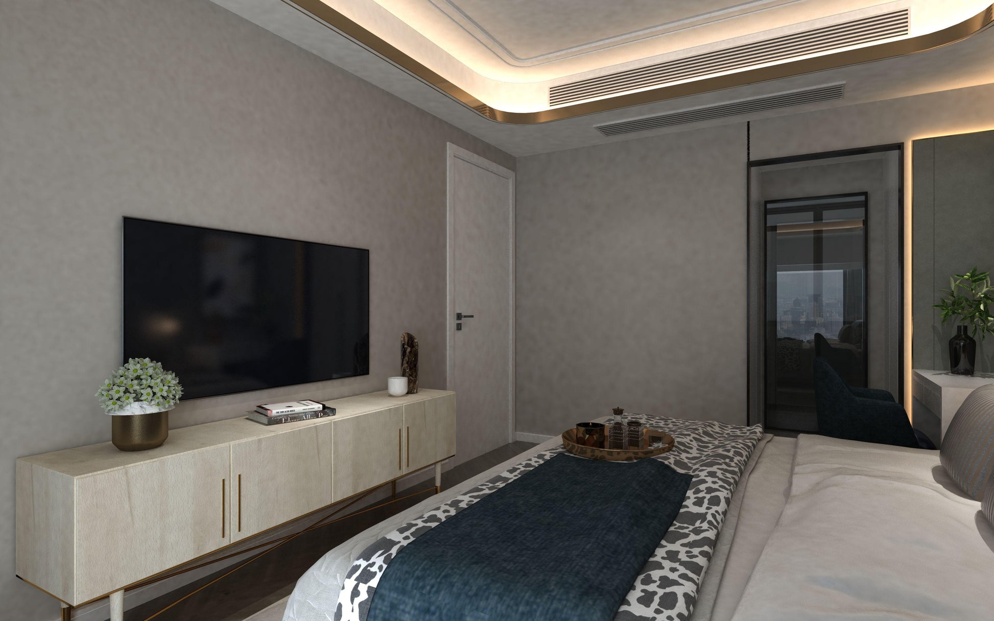 White wood laminate with textured finish on bedroom wall and furniture, showing subtle wood grain pattern and matte sheen.