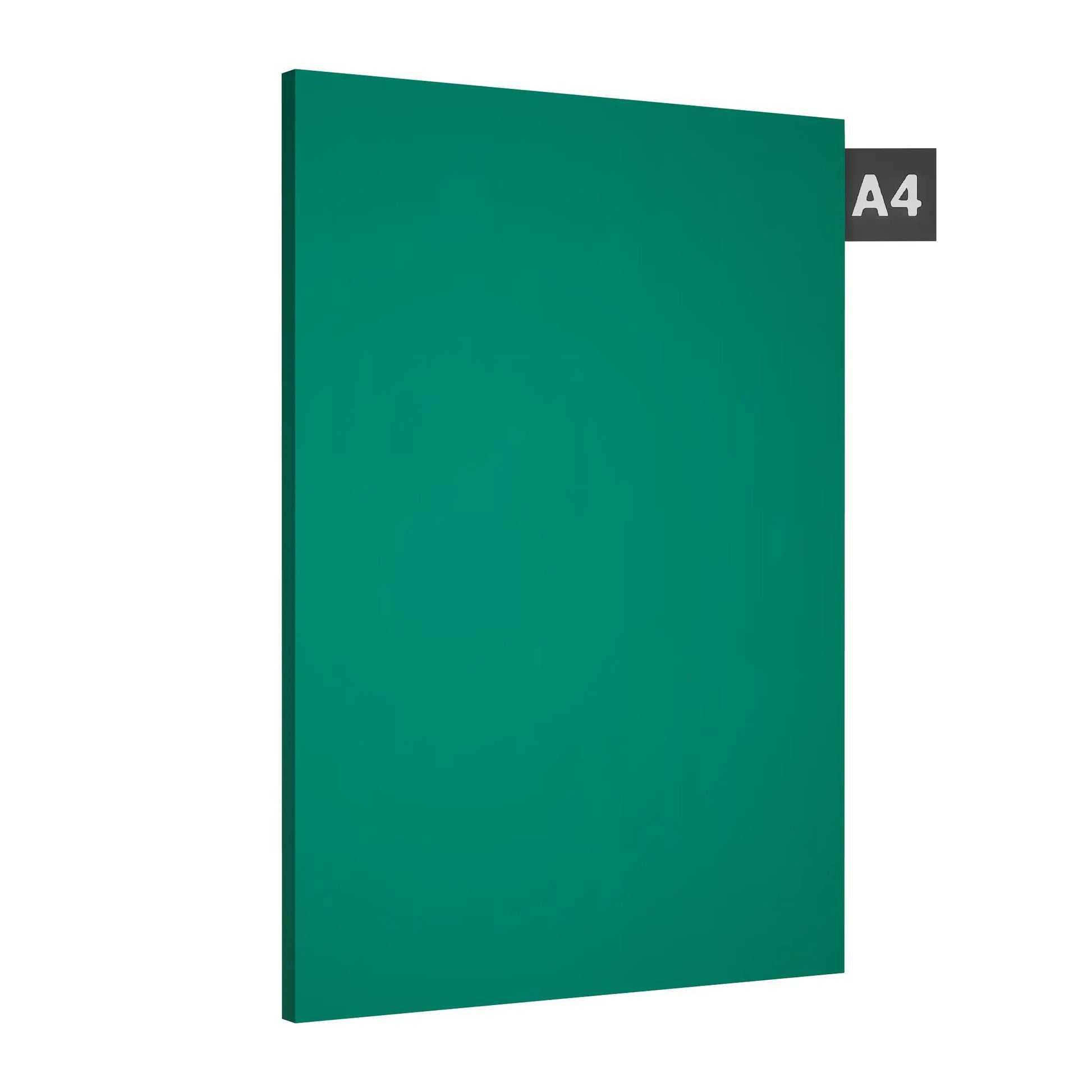 Sea green plain laminate with suede finish and visible edge thickness displayed on white background with A4 label.
