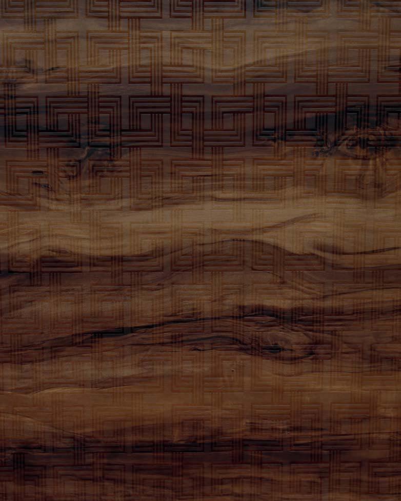Brown wood grain laminate with textured finish and geometric pattern overlay, showing natural wood variations and darker