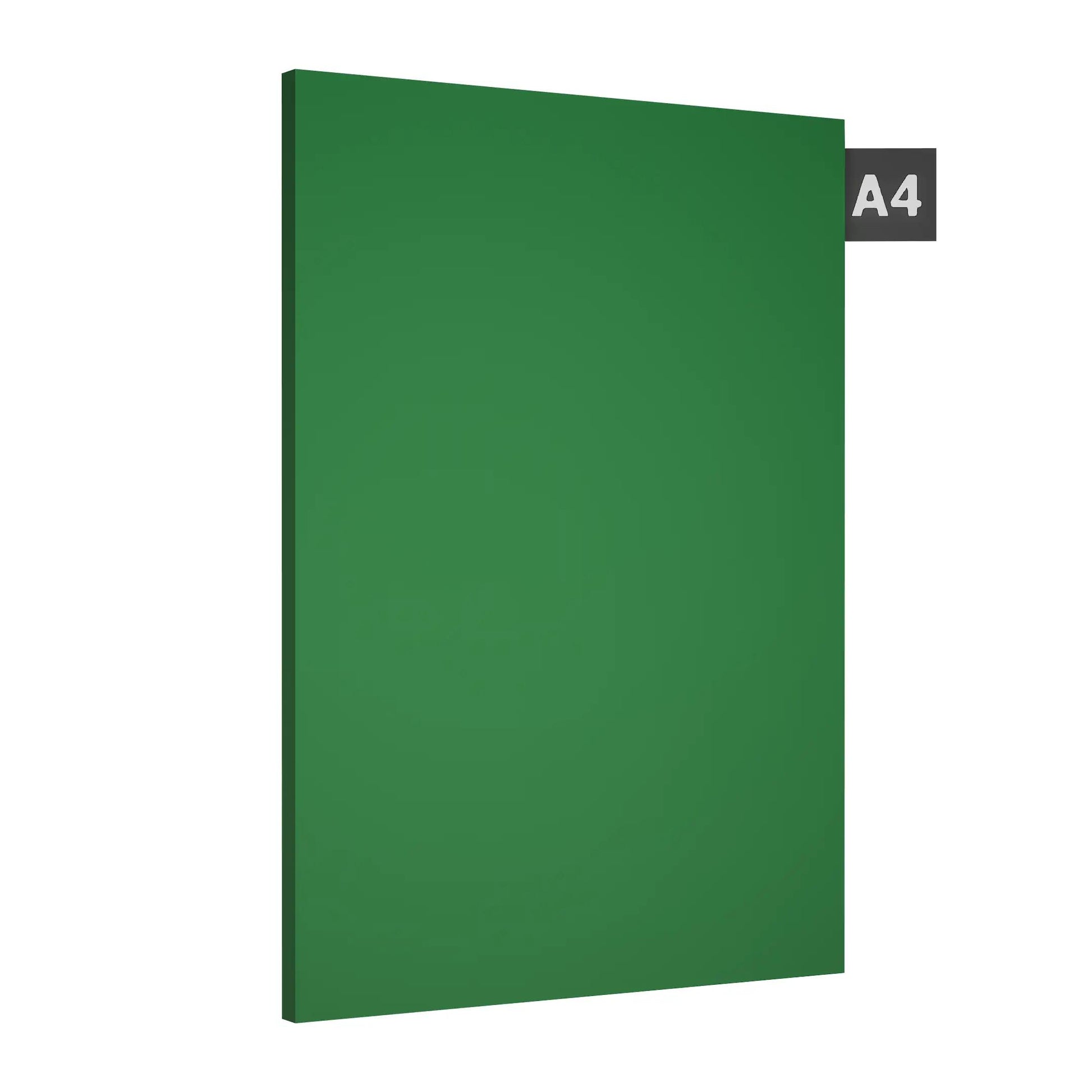 Green plain laminate sheet with suede finish and visible edge, angled to show thickness against white background.