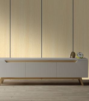 Brown wood grain laminate with suede finish and visible texture on wall panels and floor in interior setting