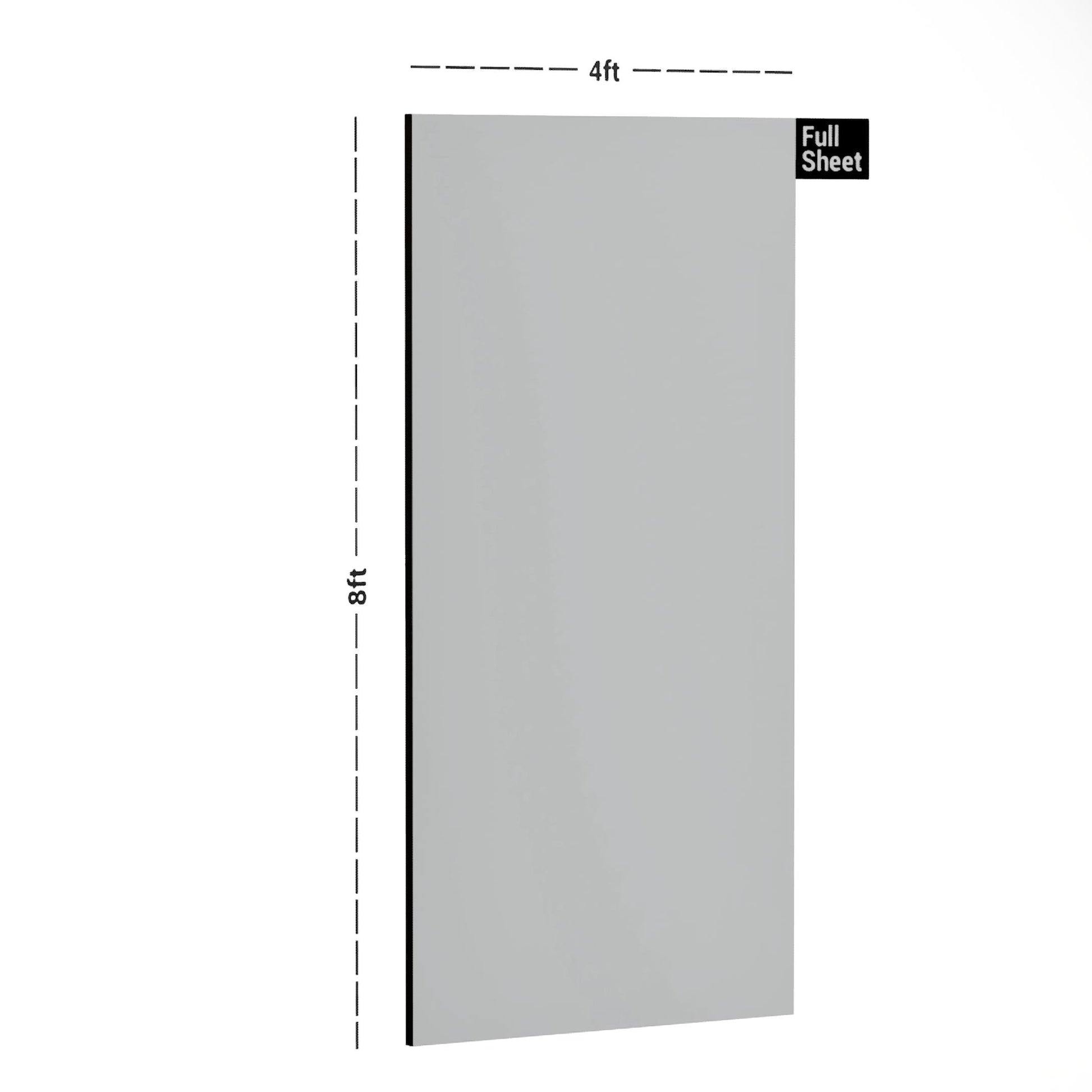 White plain laminate sheet with suede finish, 8x4 ft size, shown with dimensions and labeled Full Sheet in top right corner.