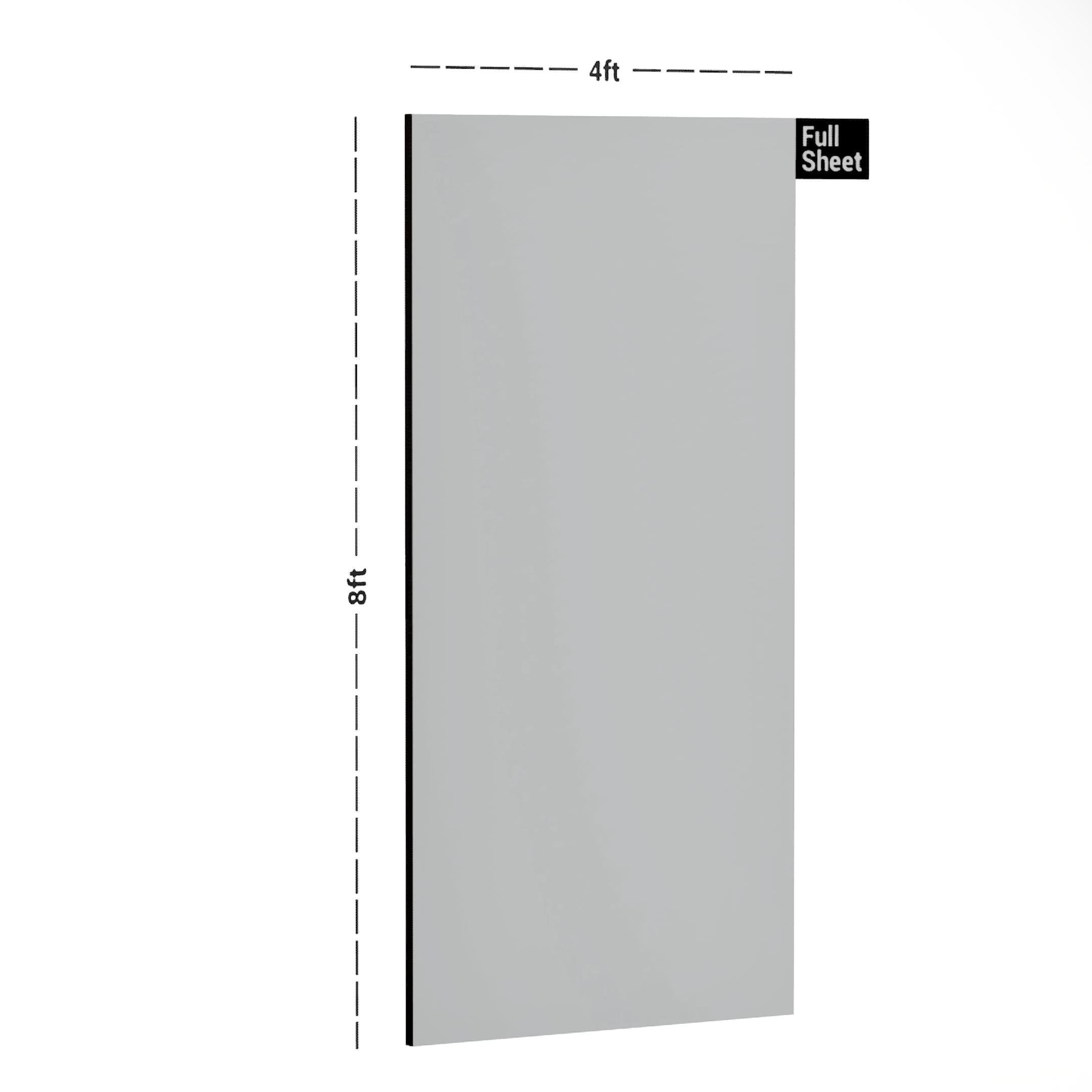 White plain laminate sheet with suede finish, 8x4 ft size, shown with dimensions and labeled Full Sheet in top right corner.