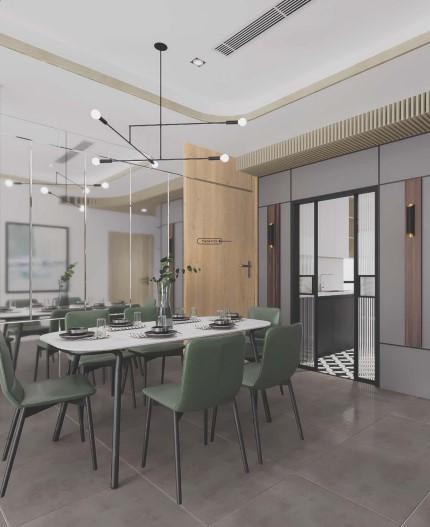 Brown wood grain laminate with textured finish in modern dining room setting, showcasing European oak wood pattern and