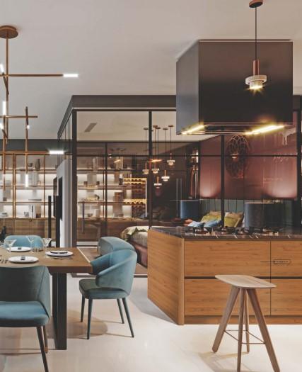 Brown wood laminate kitchen island with textured finish and wooden grain pattern in modern interior design setting