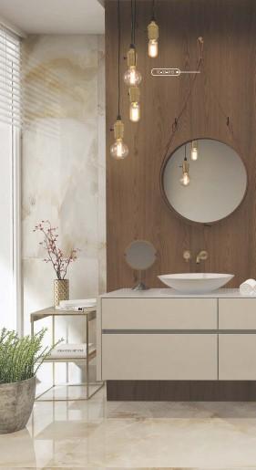 Brown wood grain laminate with textured finish on bathroom wall, featuring natural wood pattern and subtle sheen.
