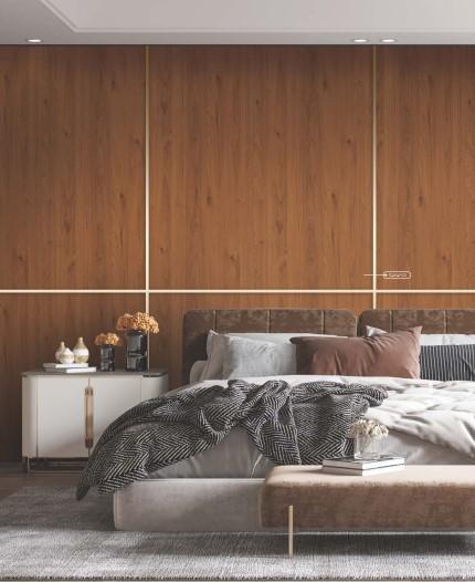 Brown wood grain laminate wall with textured finish in a modern bedroom setting with bed and nightstand