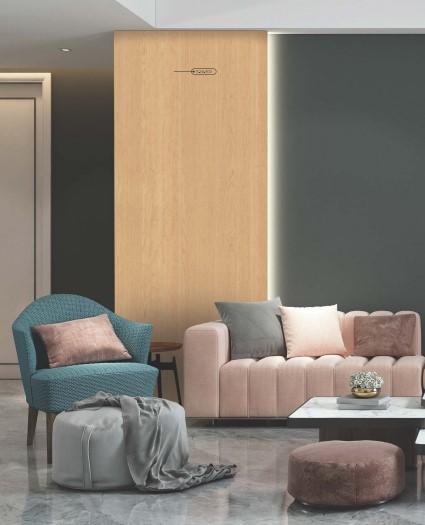 Brown wood laminate wall with textured finish in modern living room setting with furniture and decor accents