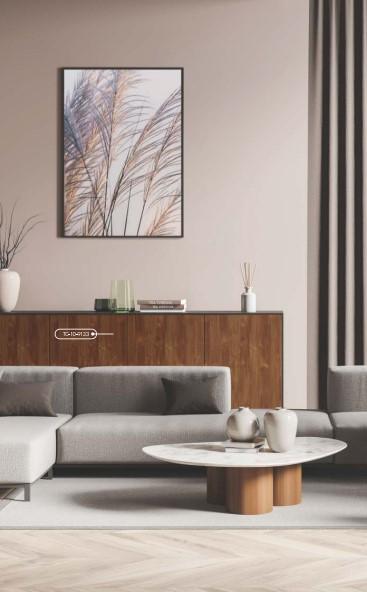 Brown wood laminate texture with visible grain, used on wooden furniture in a modern living room setting